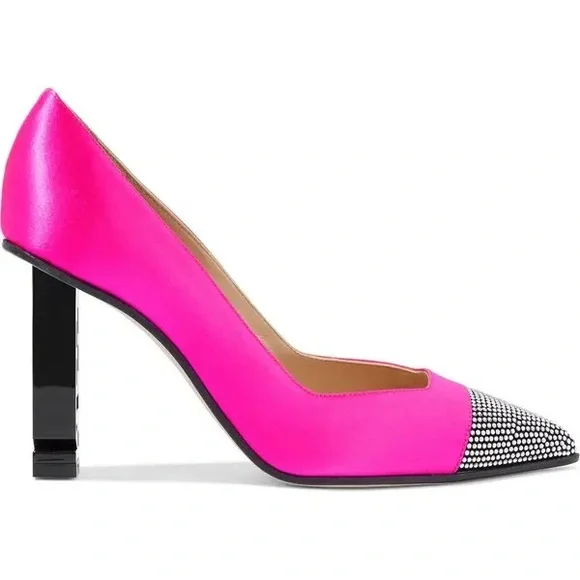 SERGIO ROSSI Super Heel Crystal-Embellished Neon Bright Pink Satin Pumps 34 4 - Picture 2 of 10